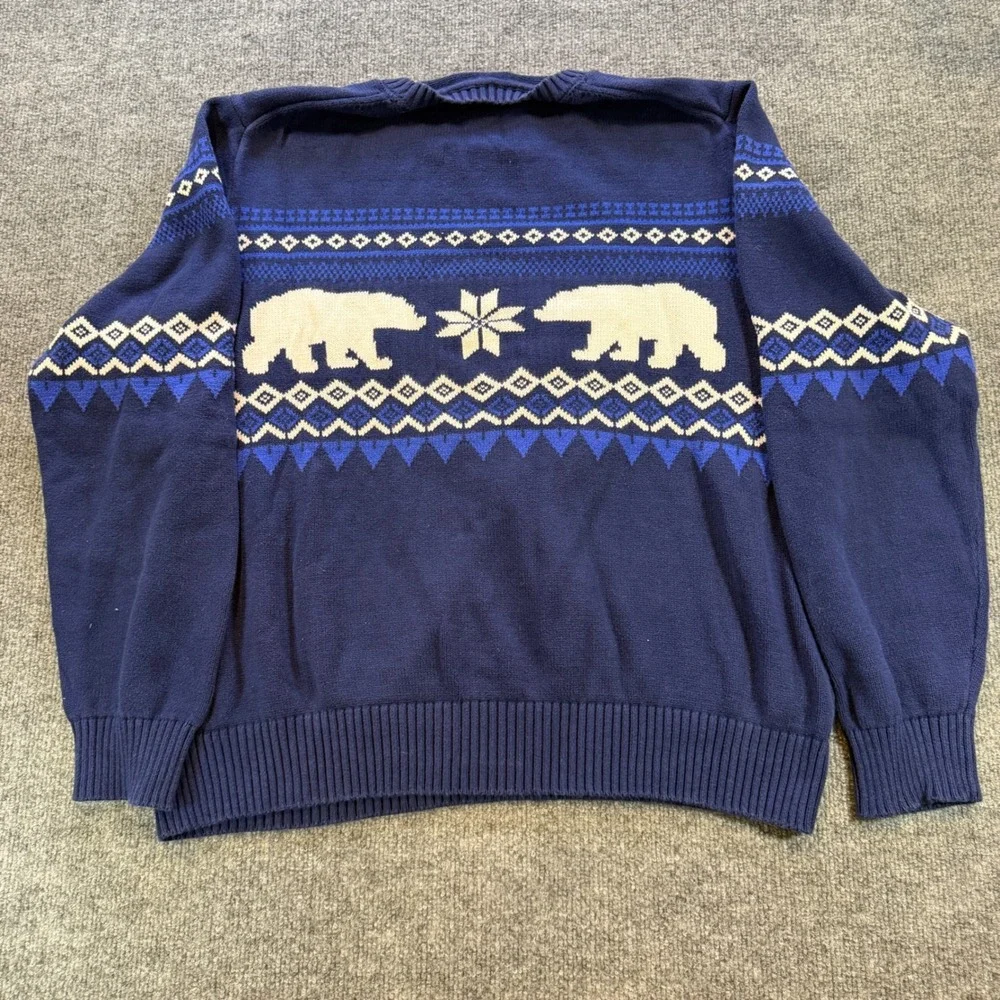 St Johns Bay Mens Navy Blue Polar Bear Fair Isle Cotton Crewneck Sweater XL